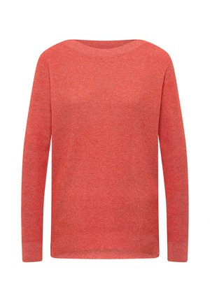 Gebreide trui met lange mouwen en ronde hals in een getextureerde koraalrode stof, plat gelegd zonder zichtbare versieringen of patronen.