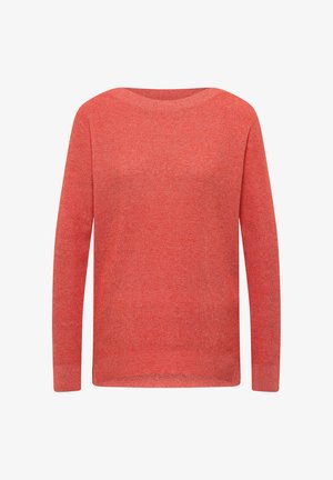 Gebreide trui met lange mouwen en ronde hals in een getextureerde koraalrode stof, plat gelegd zonder zichtbare versieringen of patronen.