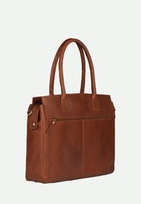 Braune Leder-Tote-Bag mit zwei Griffen, einer vorderen Reißverschlusstasche und einer glatten Textur. Verfügt über ein strukturiertes Design und minimale Hardware-Details.