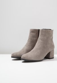 Stivaletti alla caviglia in suede grigio con punta arrotondata, zip laterale e tacco a blocco. Texture liscia senza motivi o accenti visibili.