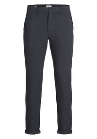 Mørkegrå mønstrede bukser med slim fit, der har knaplukning og opsmøgte nederste kanter. Fremstillet af tekstureret stof.