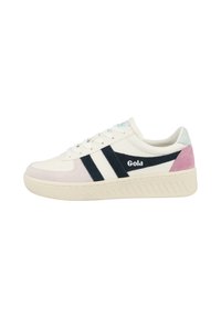 Valkoiset sneakerit, joissa on tummansinisiä ja vaaleanpunaisia yksityiskohtia. Ominaisuuksiin kuuluu sileä nahka ja sametti, pyöreä kärki, nauhoilla suljettava malli ja teksturoitu pohja.