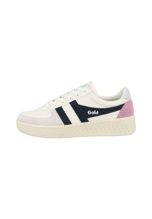White sneaker with navy blue and pink accents. Features smooth leather and suede materials, round toe, lace-up design, and textured sole.