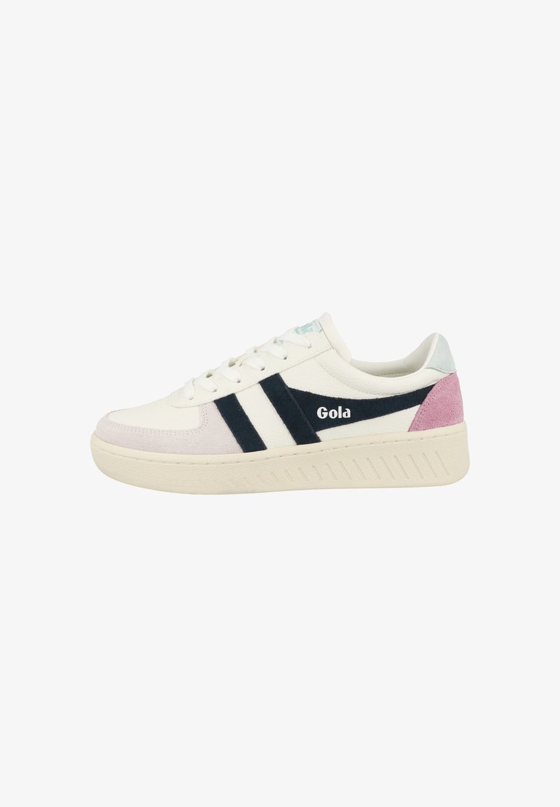 White sneaker with navy blue and pink accents. Features smooth leather and suede materials, round toe, lace-up design, and textured sole.