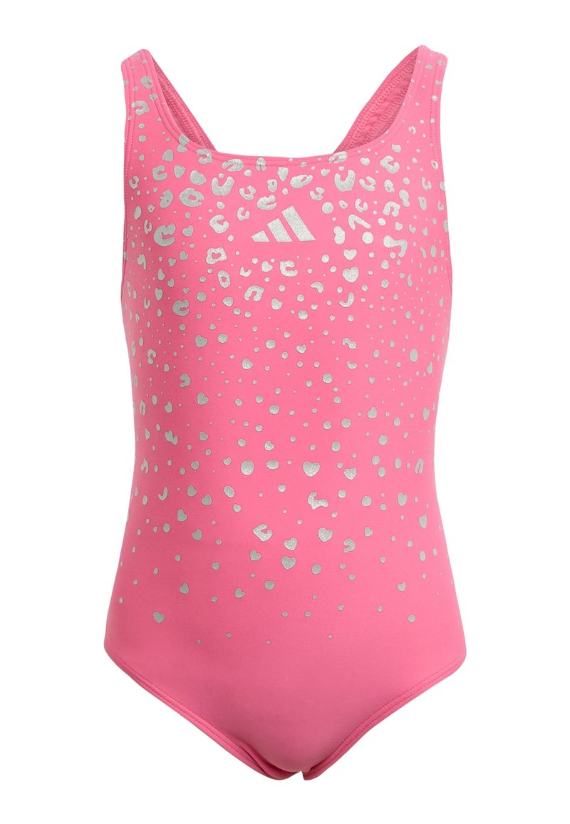 Rosa baddräkt med ärmlös design, silverfärgade leopard- och hjärtmönster samt Adidas-logotyp på bröstet. Slinky textur.