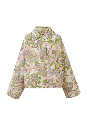Floral cropped jacket in cream, featuring pink and green patterns, a classic collar, two front pockets, and button closure.