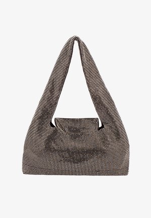 Schwarz-weiß karierte Stoffhandtasche mit breitem dreieckigem Griff und weicher, leicht schlaffer Form.