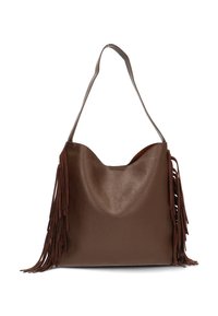 Bolso de cuero marrón con un acabado texturizado, que presenta largos y suaves flecos en un lado y una única correa para el hombro.