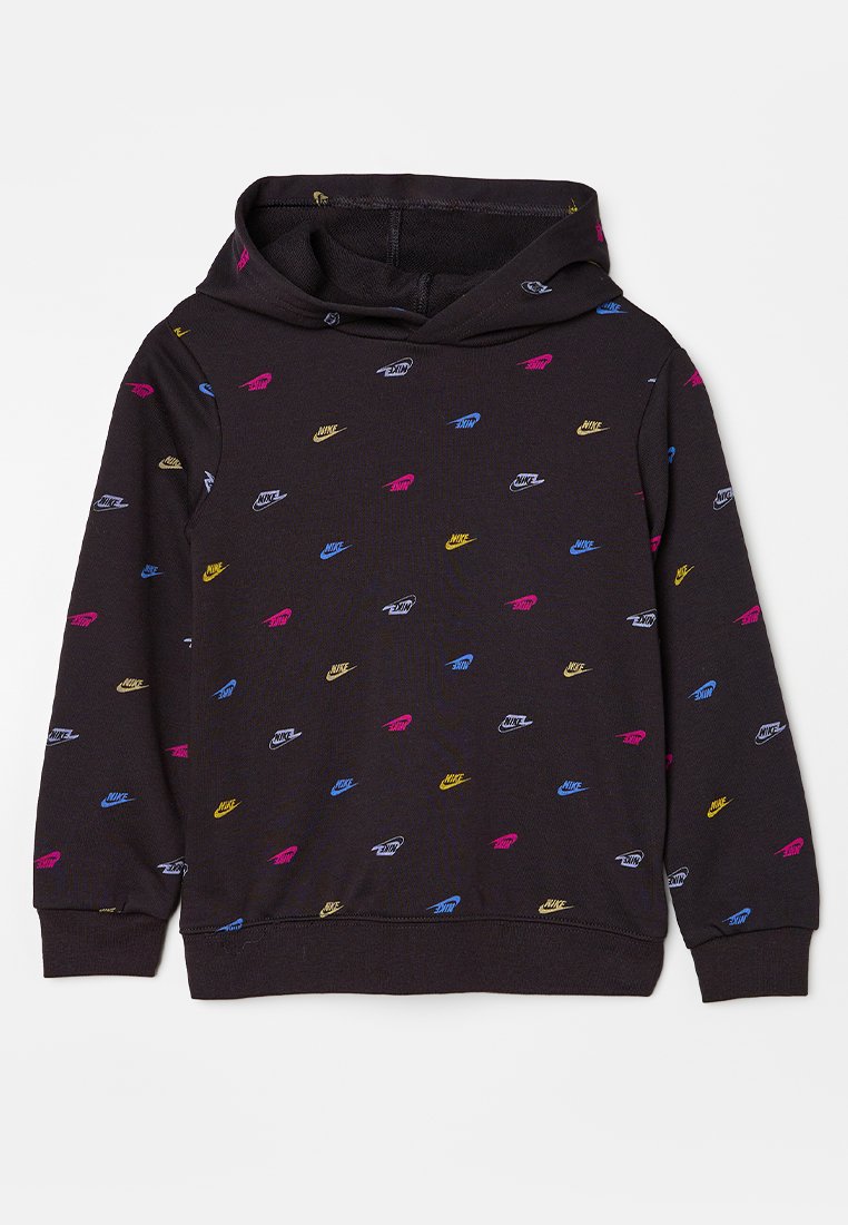 Sudadera negra con patrones de logotipos coloridos de Nike en rosa, amarillo, azul y blanco. Cuenta con un capucha con cordones y puños acanalados. Tejido suave.