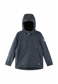 Veste à capuche bleu marine avec fermeture éclair intégrale à l'avant, poignets élastiques, deux poches avant et accents réfléchissants sur les manches. Matériau lisse, résistant à l'eau.