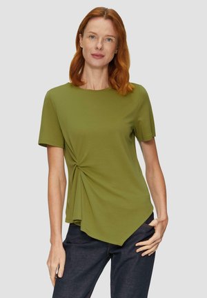 Groen shirt met korte mouwen en een ronde halslijn, voorzien van een gedraaide detail bij de taille, met een gebogen zoom en een zacht, glad weefsel.