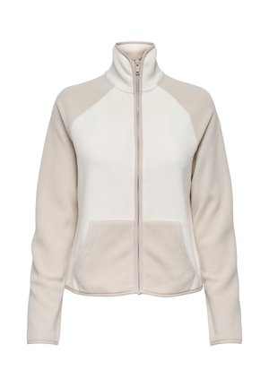 Fleece jacket in cream and beige, featuring a high collar, front zip, and two front pockets, with a soft texture and raglan sleeves.