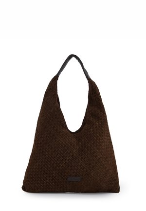 Brown woven tote bag with a large hobo shape and a smooth black strap. Features a textured surface and a small brand label at the front.