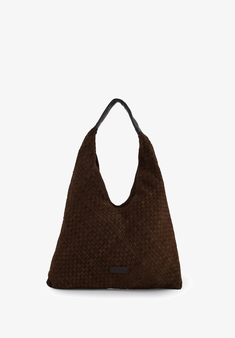 Brunvævet tote bag med en stor hobo-form og en glat sort rem. Har en tekstureret overflade og et lille brandmærke foran.