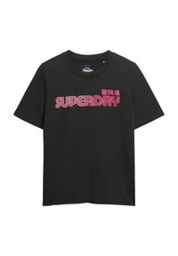 Czarna bawełniana koszulka z krótkim rękawem, z różowym logo "SUPERDRY". Okrągły dekolt i prosty krój z luźnym dopasowaniem.
