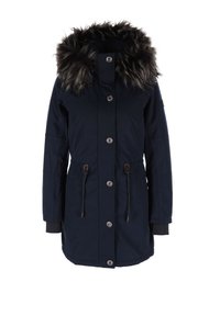 Marineblauer Parka mit fellgefütterter Kapuze, zwei Vordertaschen, verstellbarem Kordelzug in der Taille und gerippten Bündchen. Mit großen Knöpfen und Nähdetails.