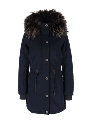 Navy parka jacket with fur-lined hood, two front pockets, adjustable drawstring waist, and ribbed cuffs. Features large buttons and stitching details.