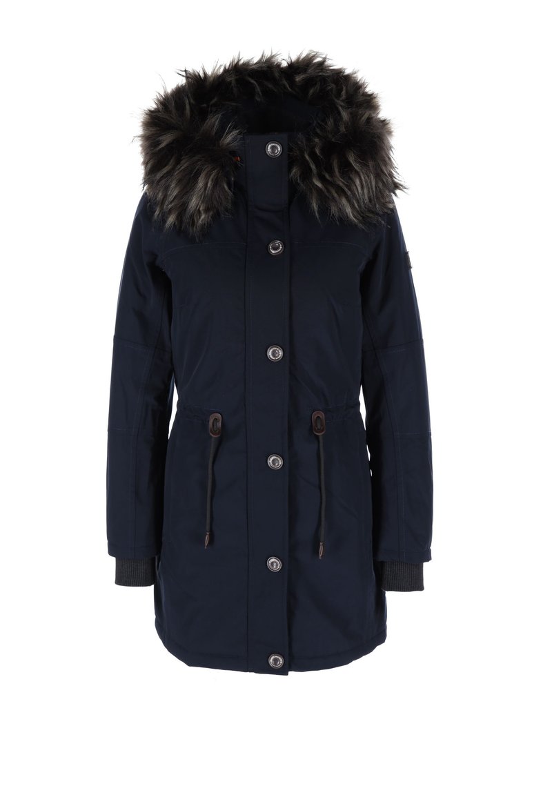 Marineblauer Parka mit fellgefütterter Kapuze, zwei Vordertaschen, verstellbarem Kordelzug in der Taille und gerippten Bündchen. Mit großen Knöpfen und Nähdetails.