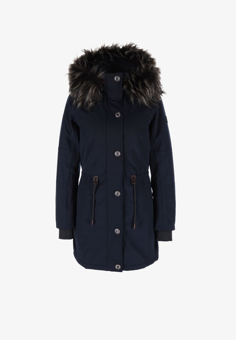 Marineblauer Parka mit fellgefütterter Kapuze, zwei Vordertaschen, verstellbarem Kordelzug in der Taille und gerippten Bündchen. Mit großen Knöpfen und Nähdetails.