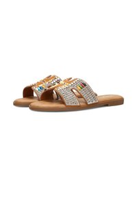 Braune Rutschen-Sandalen mit einer Perlen- und metallischen Verzierung auf dem Obermaterial, offenem Design und flacher Sohle.