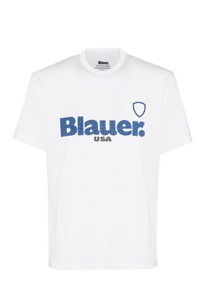 T-shirt bianco in cotone con logo blu "Blauer." e "USA" in nero. Collo rotondo standard e maniche corte, design minimalista.