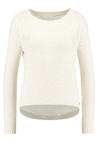 Pull en tricot crème à manches longues avec un col rond et un ourlet légèrement arrondi.