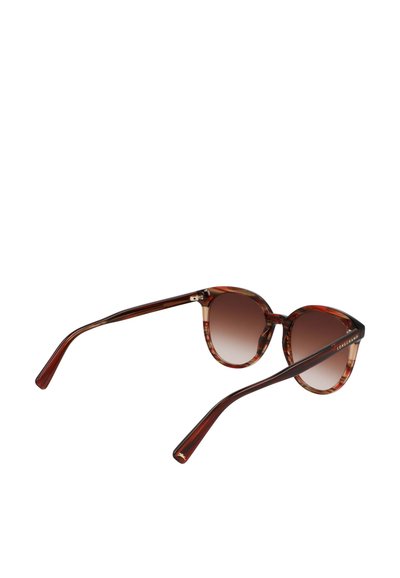 Round sunglasses with a tortoiseshell pattern, brown gradient lenses, and sleek dark arms featuring a small logo detail.