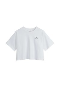 Weißes, kurz geschnittenes T-Shirt aus Baumwolle, mit kurzen Ärmeln und einem kleinen schwarzen Fahrrad-Design auf der Brust. Der Saum ist gerade.