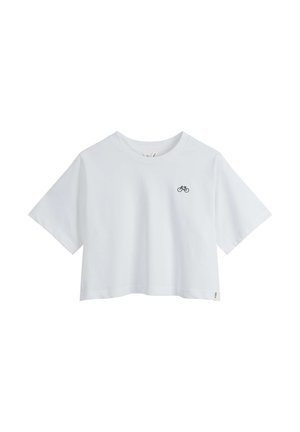 Weißes, kurz geschnittenes T-Shirt aus Baumwolle, mit kurzen Ärmeln und einem kleinen schwarzen Fahrrad-Design auf der Brust. Der Saum ist gerade.