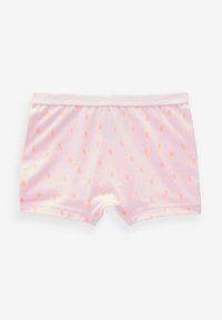 Boxer da uomo in cotone rosa con una texture liscia, caratterizzati da motivi rettangolari morbidi arancioni a contrasto e una vita elastica bianca.