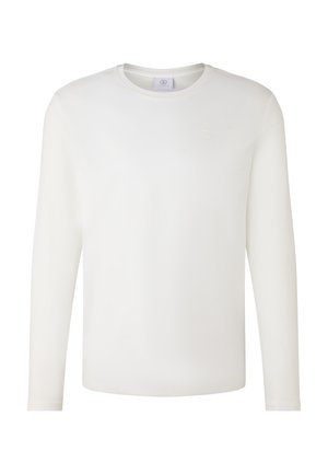 Witte lange mouwen crewneck shirt met subtiele "B"-logo op de borst, weergegeven tegen een effen witte achtergrond.
