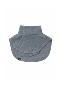 Collare in pile grigio con una texture morbida, caratterizzato da un design ripiegato e un piccolo marchio sul bordo inferiore. Forma liscia e adattabile.