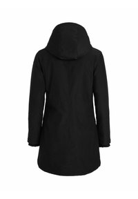 Black long winter coat with hood, shown from the back, featuring long sleeves and a straight hemline.
