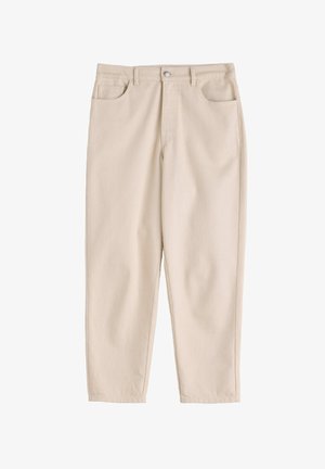 Beige katoenen broek met een recht model, voorzien van twee voorkruiden, een knoopsluiting en een gladde textuur.