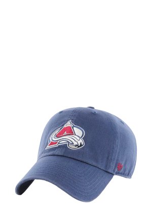 Cappellino da baseball blu con logo dei Colorado Avalanche ricamato in rosso e bianco sulla parte anteriore e piccolo logo rosso "47" sul lato.