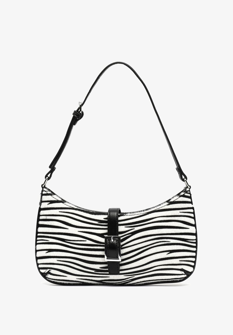 Zebra-patterned handbag in black and white, featuring a smooth texture, curved shape, adjustable strap, and a black buckle accent.