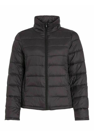 Doudoune noire avec un col montant, fermeture zippée sur le devant et motif matelassé horizontal. Fabriquée en matériau léger et brillant.