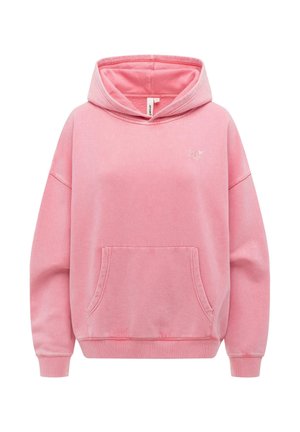 Rosa hettegenser med front kangurulomme, ribbestrikkede mansjetter og nederkant, samt liten brodert logo på venstre bryst.