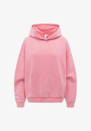 Roze sweatvest met capuchon, voorzak in kangoestijl, geribbelde manchetten en zoom, en een klein geborduurd logo op de linkerborst.