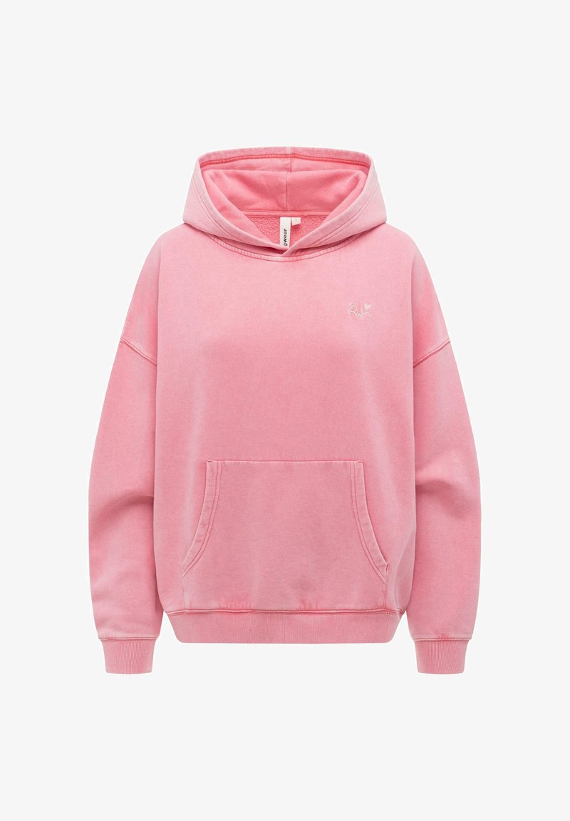 Felpa rosa con cappuccio, tasca a marsupio frontale, polsini e orlo a coste, e piccolo logo ricamato sul petto a sinistra.