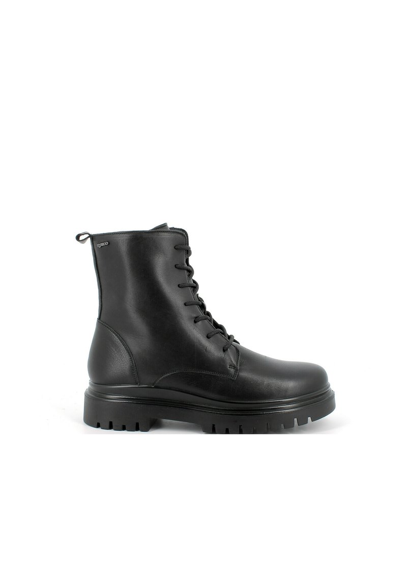 Stivale alla caviglia nero con lacci realizzato in pelle liscia, presenta una suola spessa con trazione, punta tondeggiante e una linguetta sul retro.