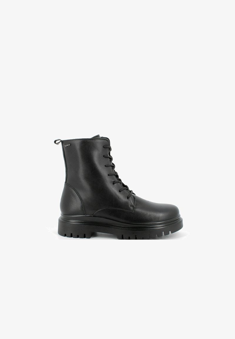 Stivale alla caviglia nero con lacci realizzato in pelle liscia, presenta una suola spessa con trazione, punta tondeggiante e una linguetta sul retro.