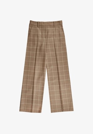 Pantalones a cuadros beige con piernas anchas, pliegues y una tela texturizada. El patrón consiste en cuadrados claros y oscuros, complementando el color base.