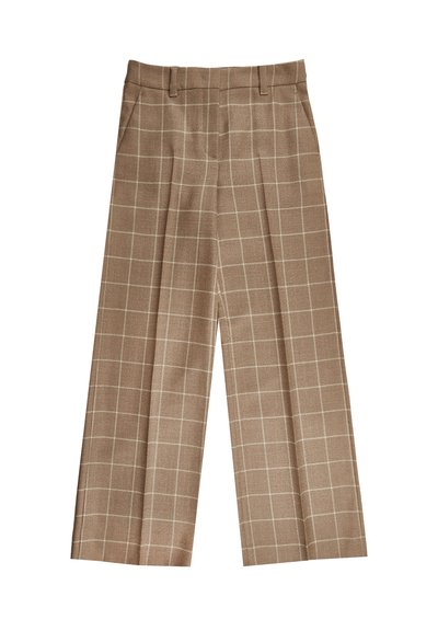 Beige geruite broek met brede pijpen, plooien en een gestructureerde stof. Het patroon bestaat uit lichte en donkere vierkanten, die de basiskleur aanvullen.