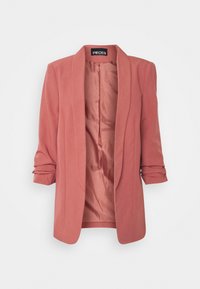 Blazer rosa polveroso con una texture liscia, davanti aperto, colletto a scialle e maniche arrotolate. Interno foderato e senza chiusure visibili.