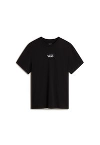 Black cotton t-shirt with short sleeves and a crew neckline. Features a white logo on the chest. Simple, unadorned design.