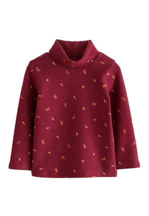 Maglione a collo alto bordeaux realizzato in un tessuto morbido, caratterizzato da un motivo a macchie di piccoli punti gialli e arancioni. Maniche lunghe, vestibilità comoda.