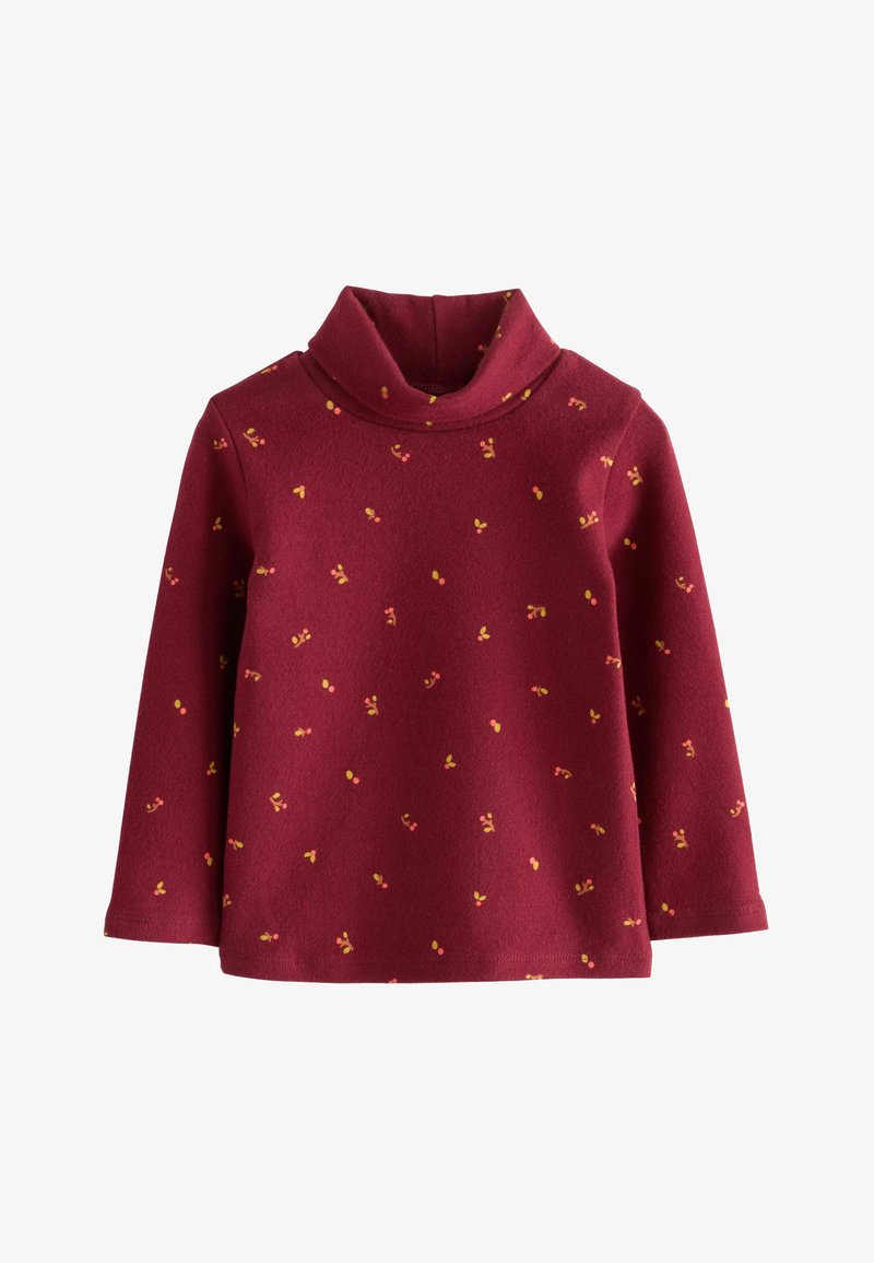 Jersey de cuello cisne burdeos de manga larga con pequeño dibujo floral amarillo y naranja, hecho de tejido suave.