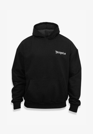 Sudadera negra con capucha y bolsillo tipo canguro, con el texto blanco "Dropsize" en el lado izquierdo del pecho, fabricada en tejido suave y con puños de canalé.