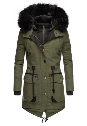 Parka d'hiver long vert avec capuche doublée de fourrure noire, fermeture éclair et fermeture à boutons devant, cordons de serrage et quatre poches à rabat.